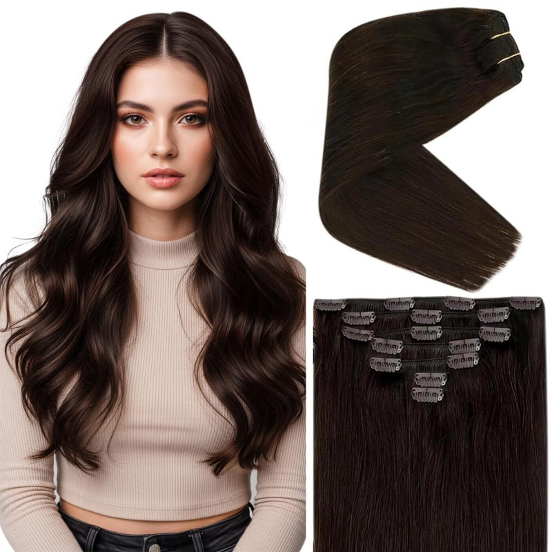 Ve Sunny Clip in Human Hair Extensions Dark Brown Clip in Hair Extensions Real Human Hair Soft Real Hair Extensions Clip in Human Hair Natural Look 120g 7pcs 18inch